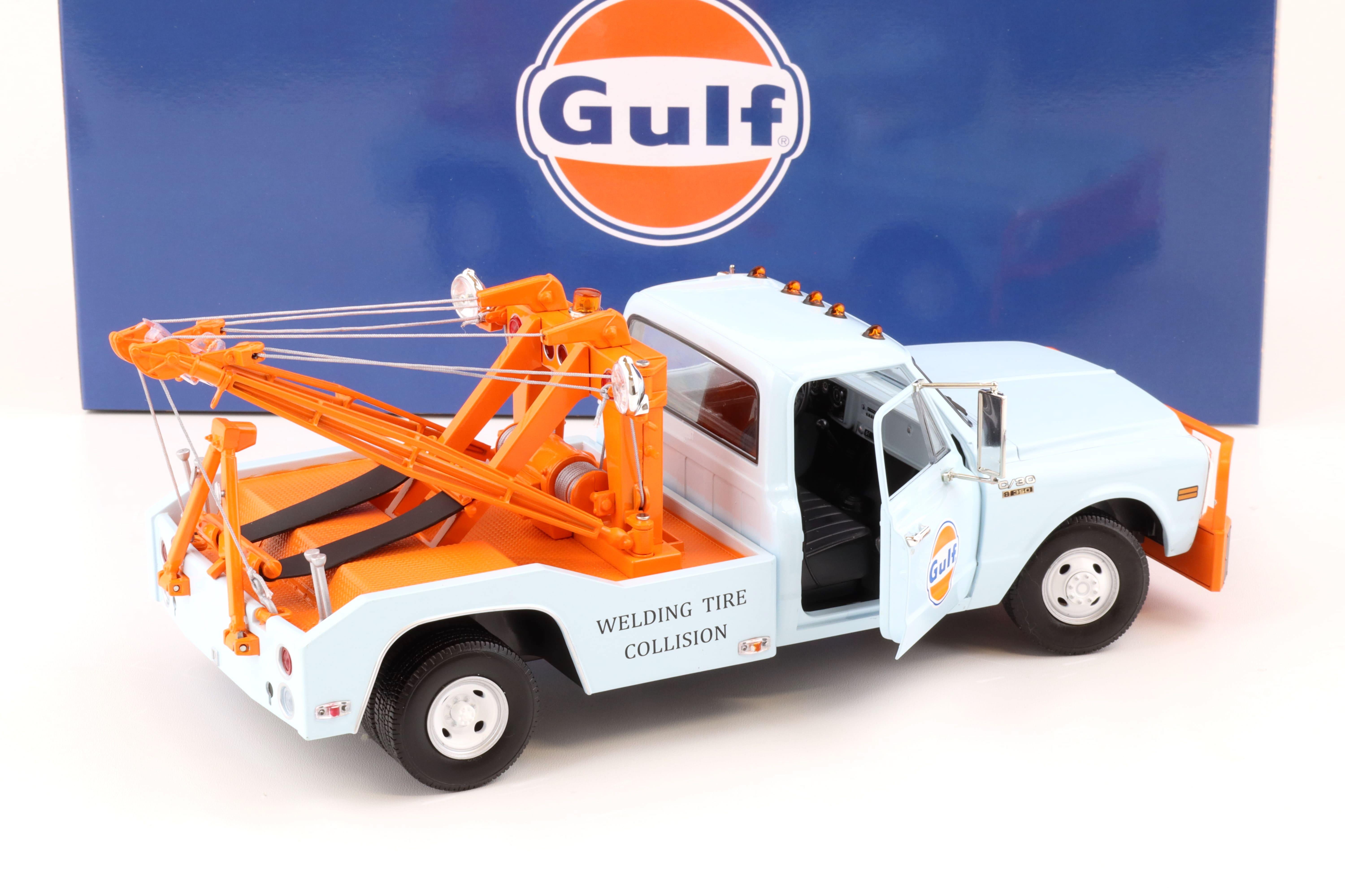 1:18 Greenlight 1969 Chevrolet C-30 Dually Wrecker Abschlepper GULF Oil blue