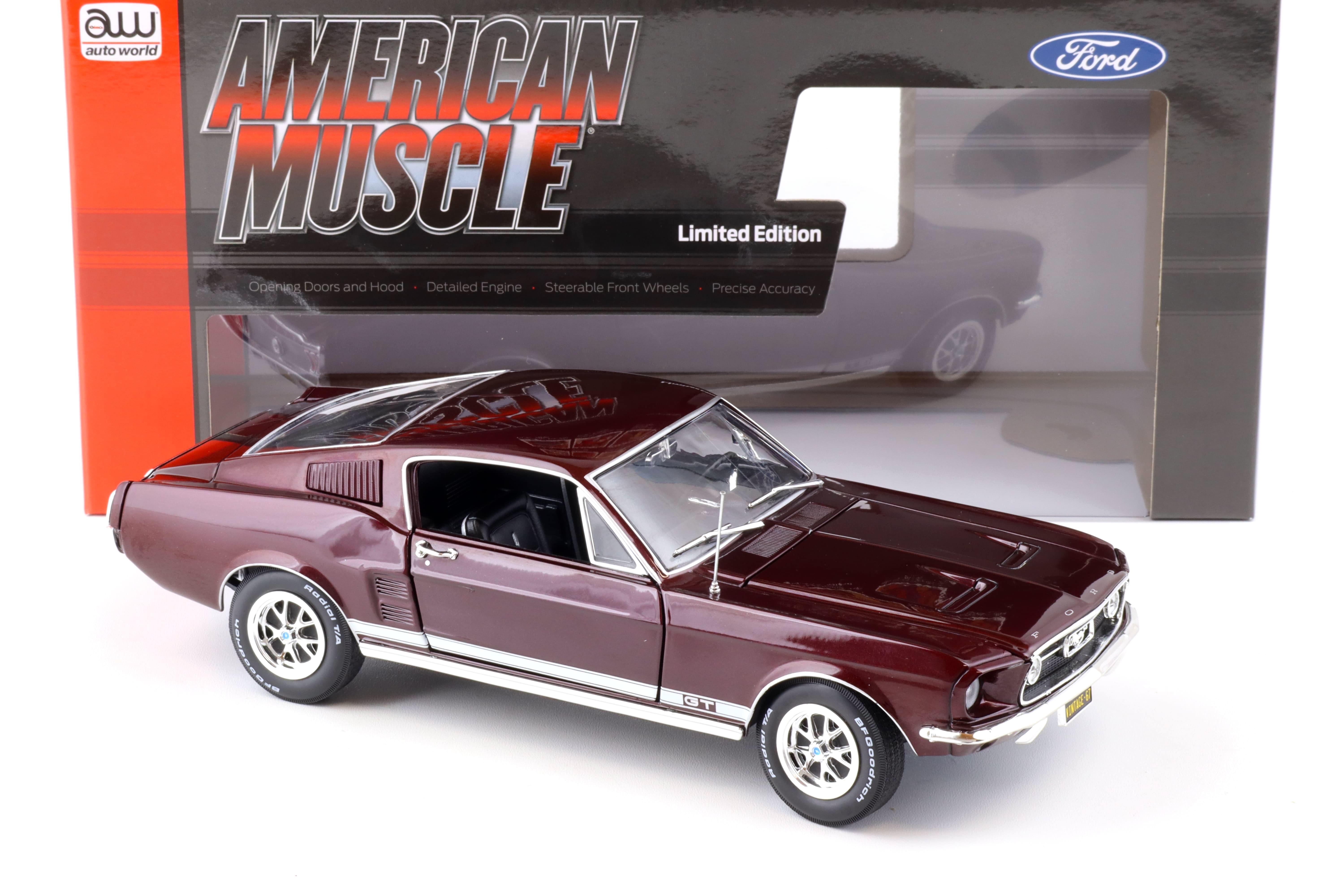 1:18 Auto World 1967 Ford Mustang GT 2+2 Coupe Code X Vintage Burgundy