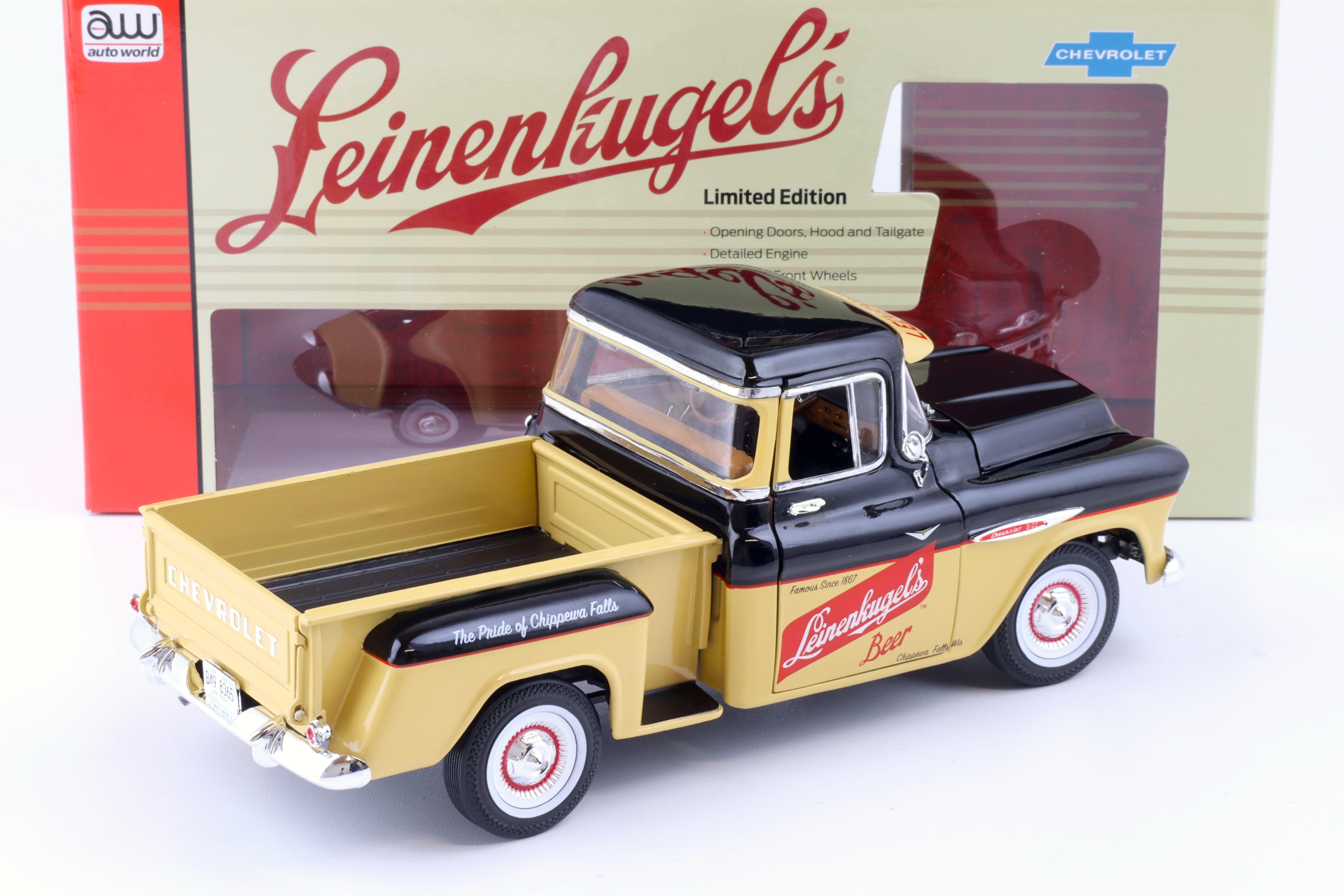 1:18 Auto World 1957 Chevrolet 3100 Stepside Pickup Leinenkugle's Beer black&tan