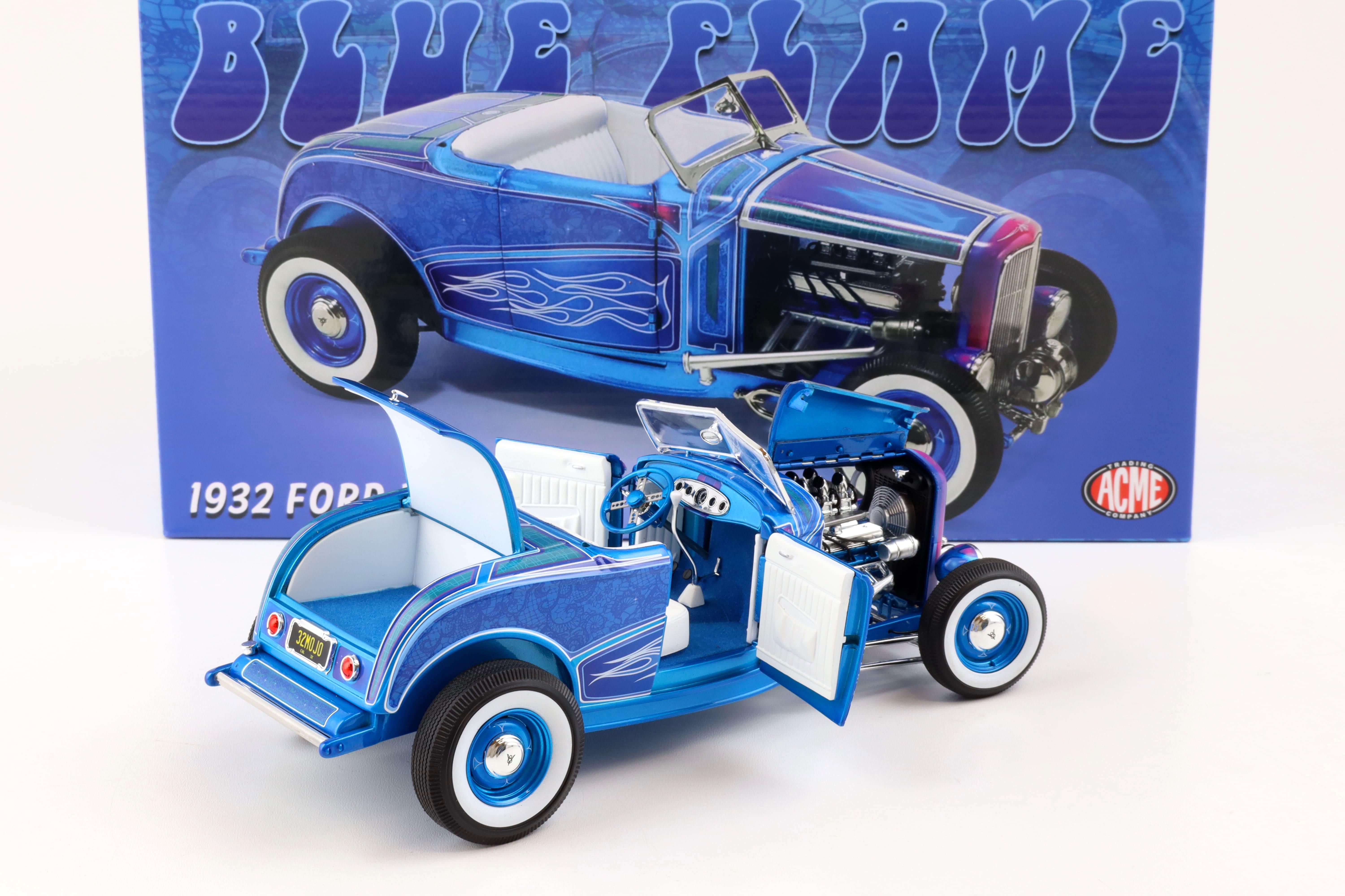 1:18 ACME 1932 Ford Roadster Hot Rod BLUE FLAME with white Top A1805024