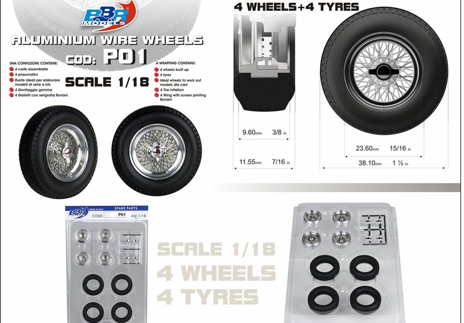 1:18 BBR Zubehör Aluminium Wheel Tire Set 4 pcs. 2x Front and 2x Rear wheels P01