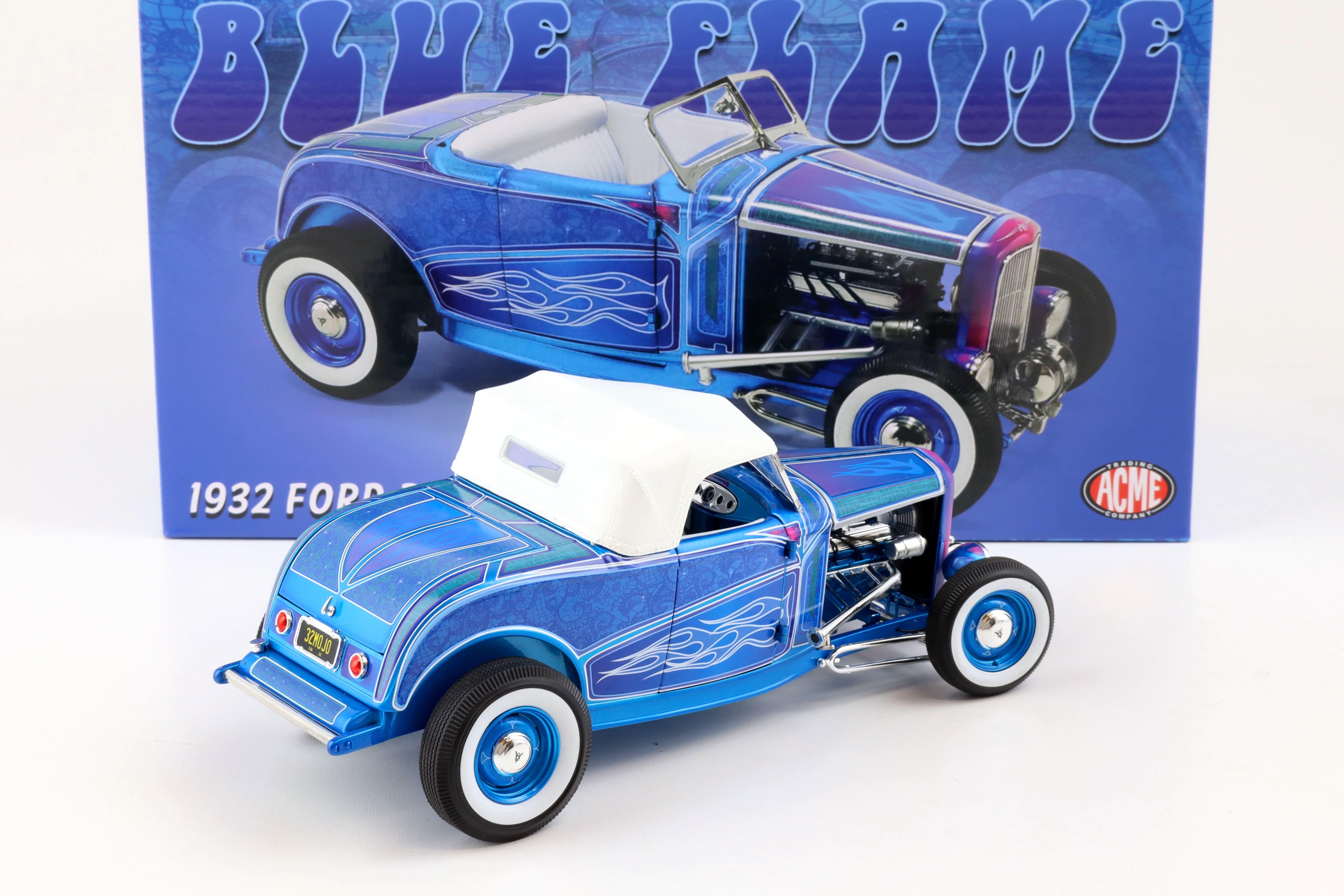1:18 ACME 1932 Ford Roadster Hot Rod BLUE FLAME with white Top A1805024