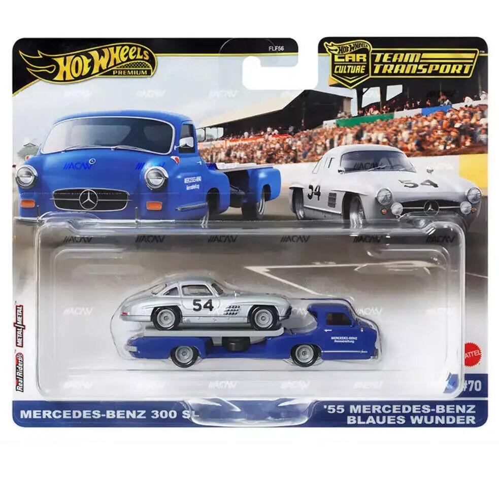 1:64 Hot Wheels Premium 2024 Team Transport Mercedes 300 SL + 1955 Blaues Wunder