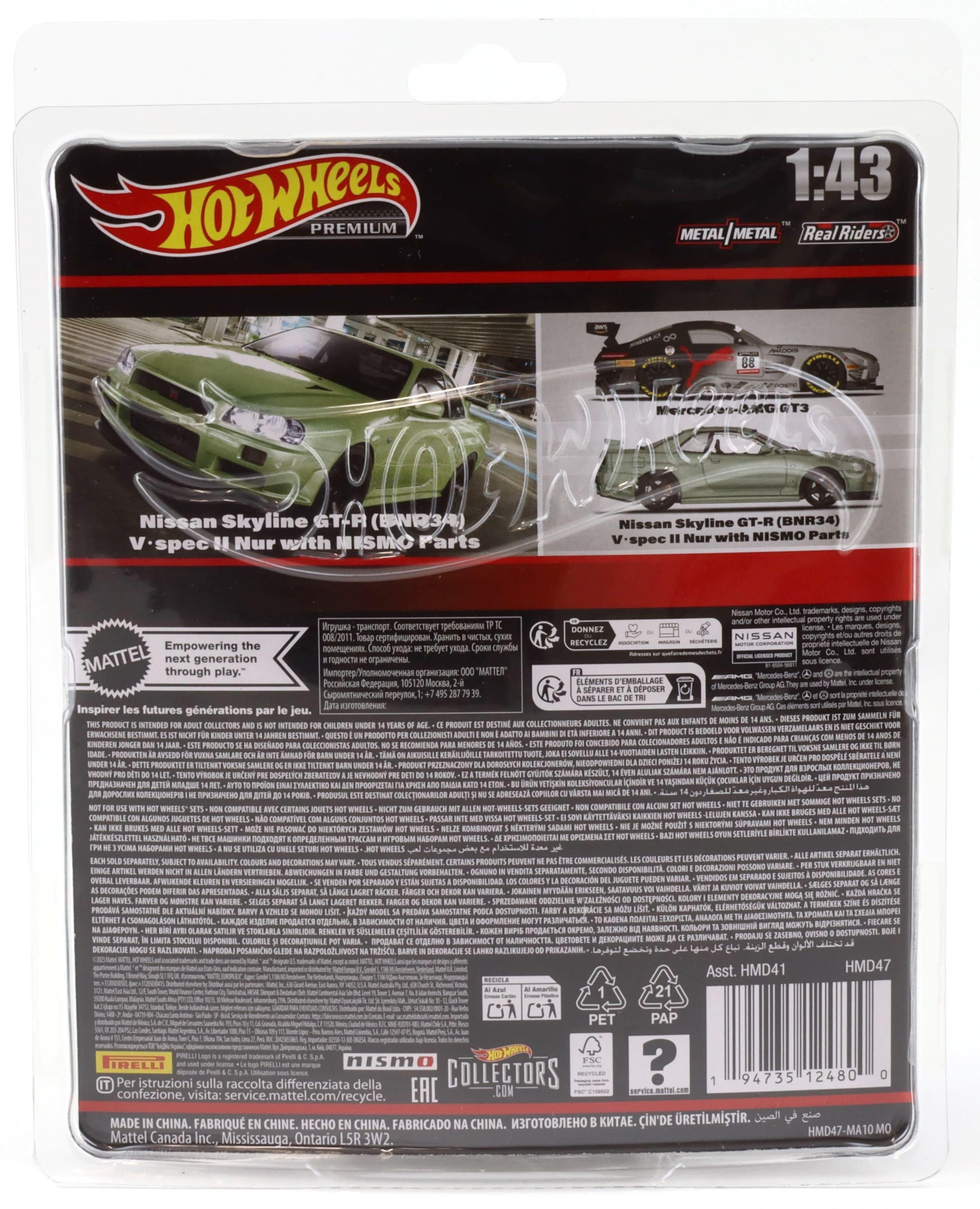 1:43 Hot Wheels Premium 2024 Real Riders HMD47 Nissan Skyline GT-R R34 V-Spec Millenium Jade