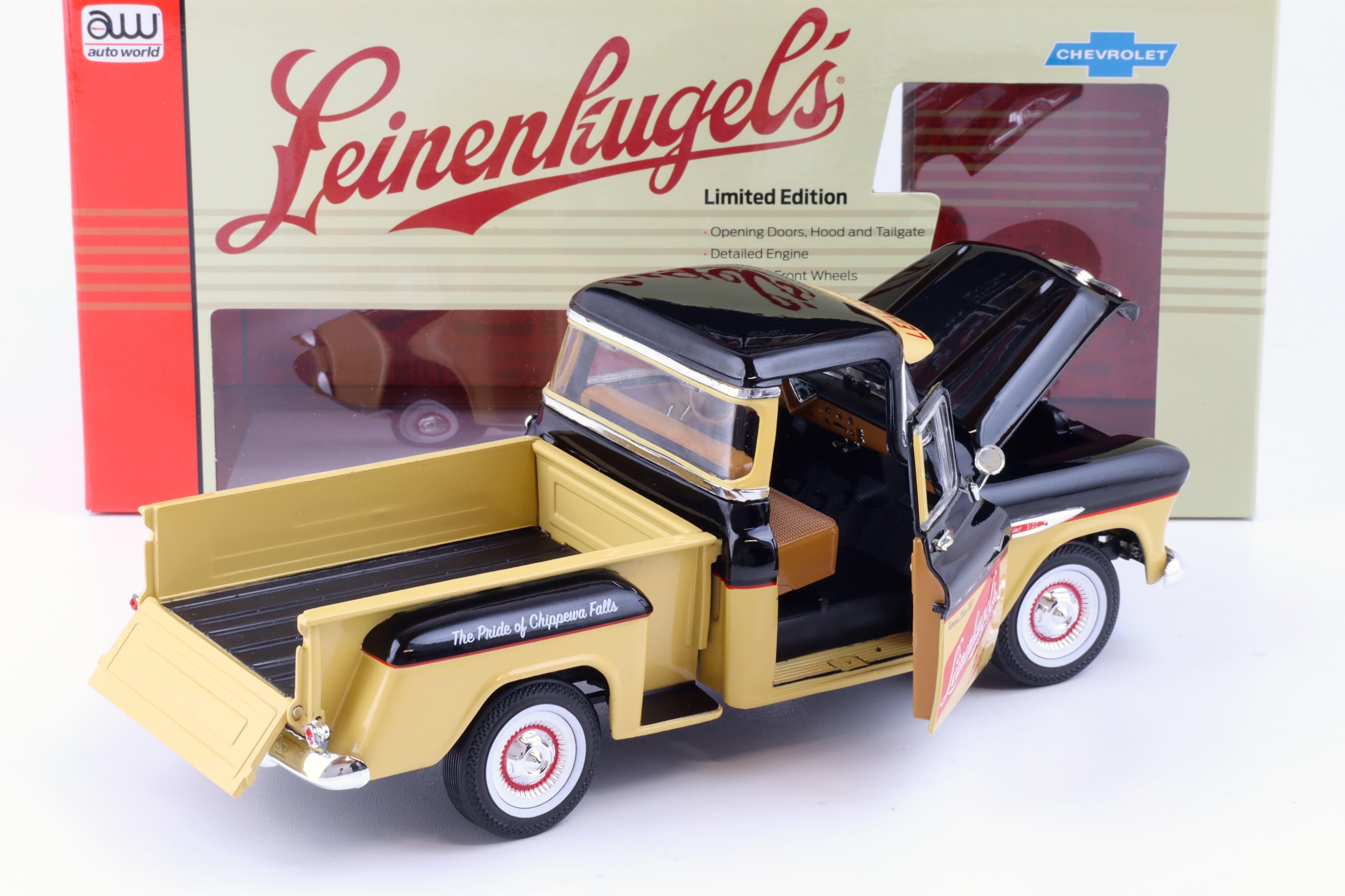 1:18 Auto World 1957 Chevrolet 3100 Stepside Pickup Leinenkugle's Beer black&tan