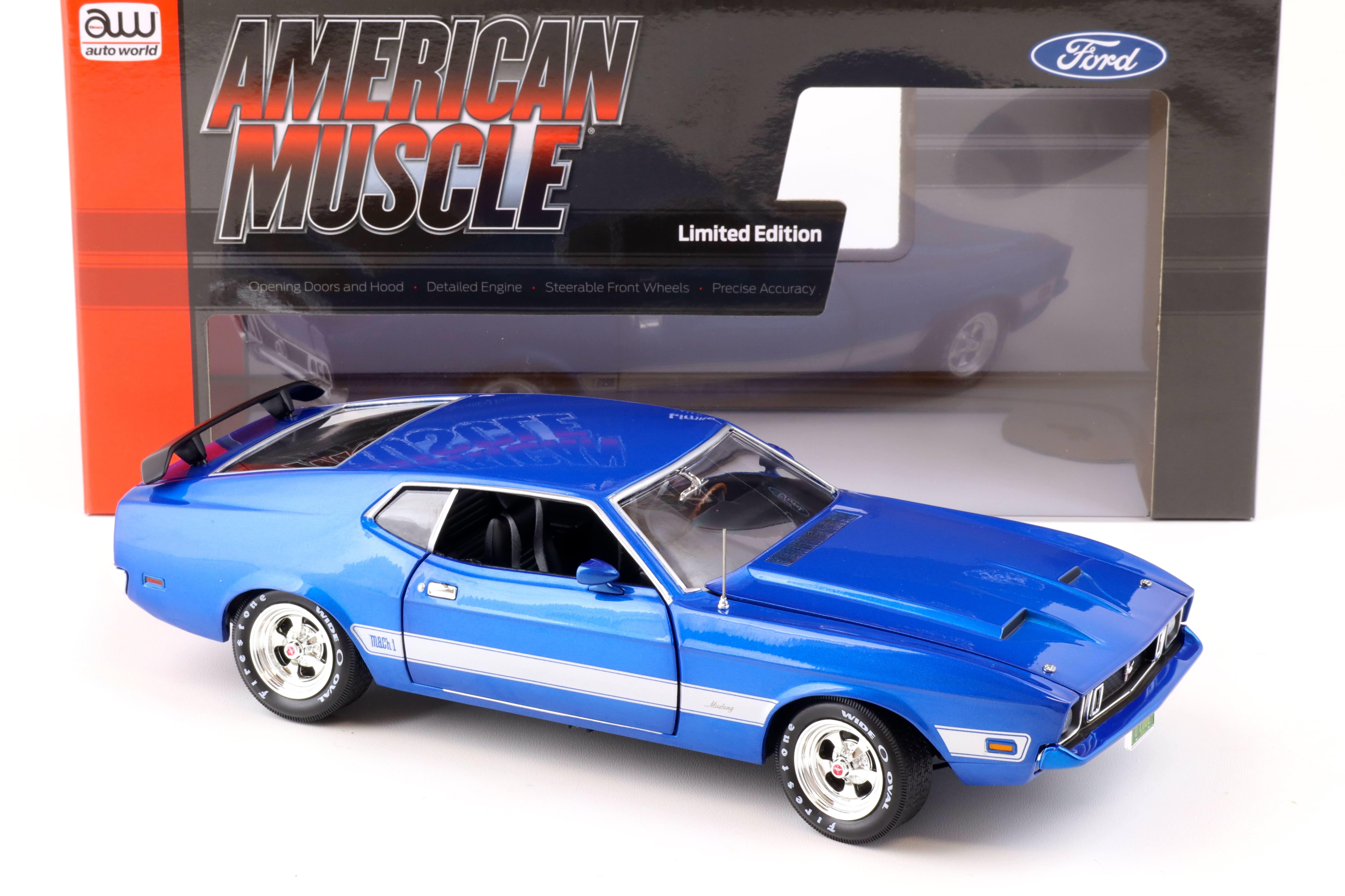 1:18 Auto World 1973 Ford Mustang Mach 1 Coupe Class of 1973 blue glow