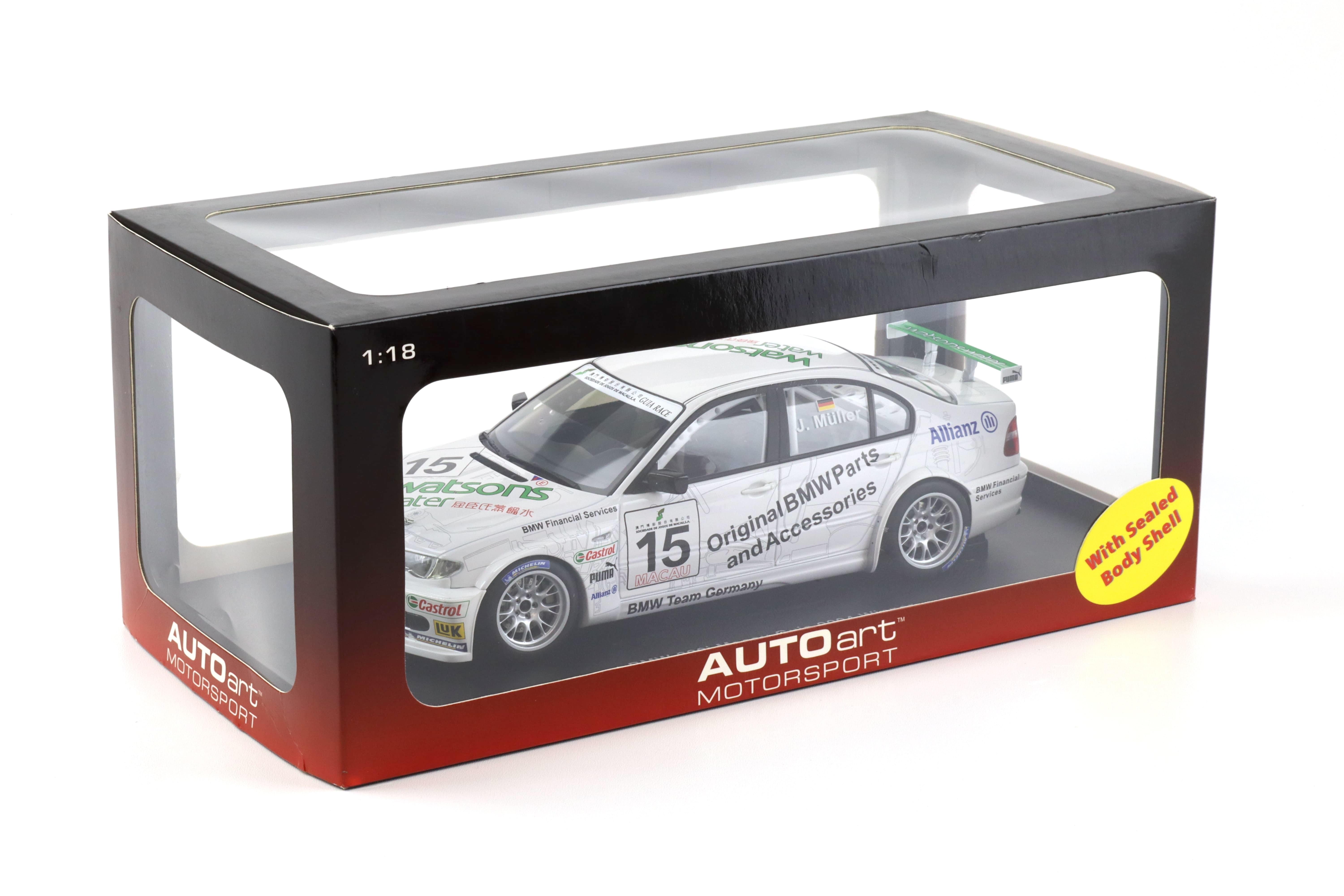 1:18 AUTOart BMW 320i (E46) Macau Guia Race 2004 Winner #15 J.Müller 80449