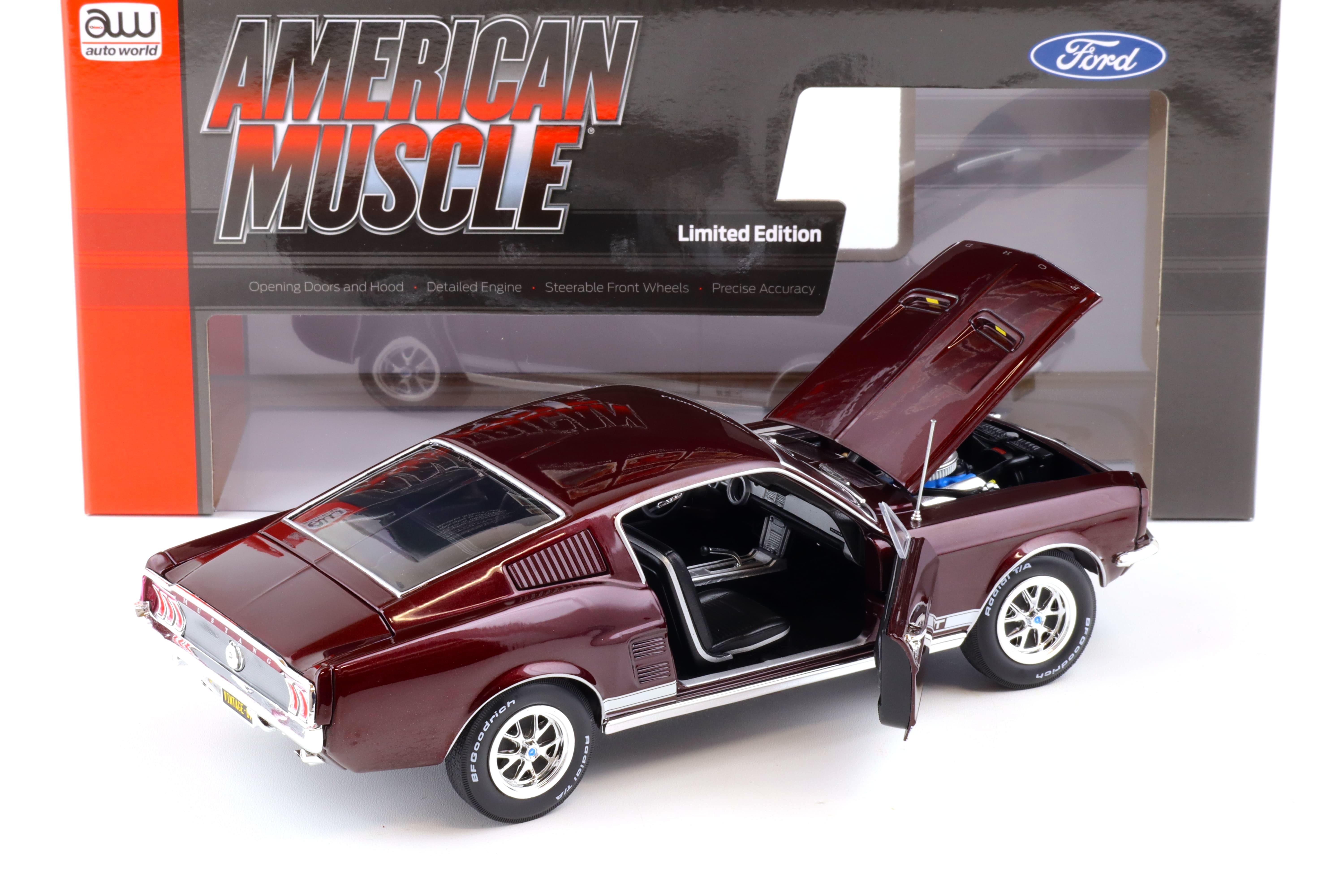 1:18 Auto World 1967 Ford Mustang GT 2+2 Coupe Code X Vintage Burgundy