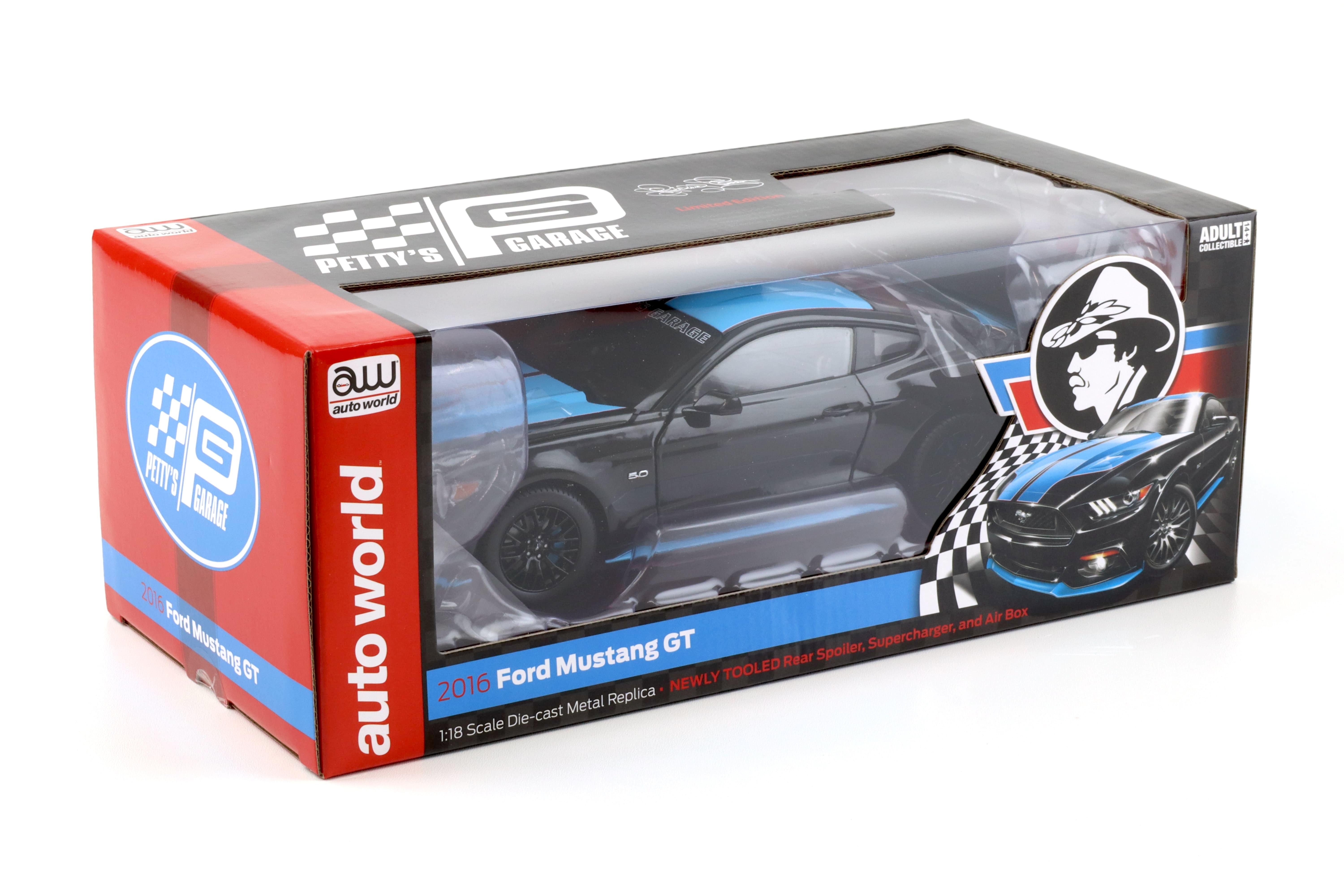 1:18 Auto World 2016 Ford Mustang GT 5.0 Coupe Petty's Garage black/ blue