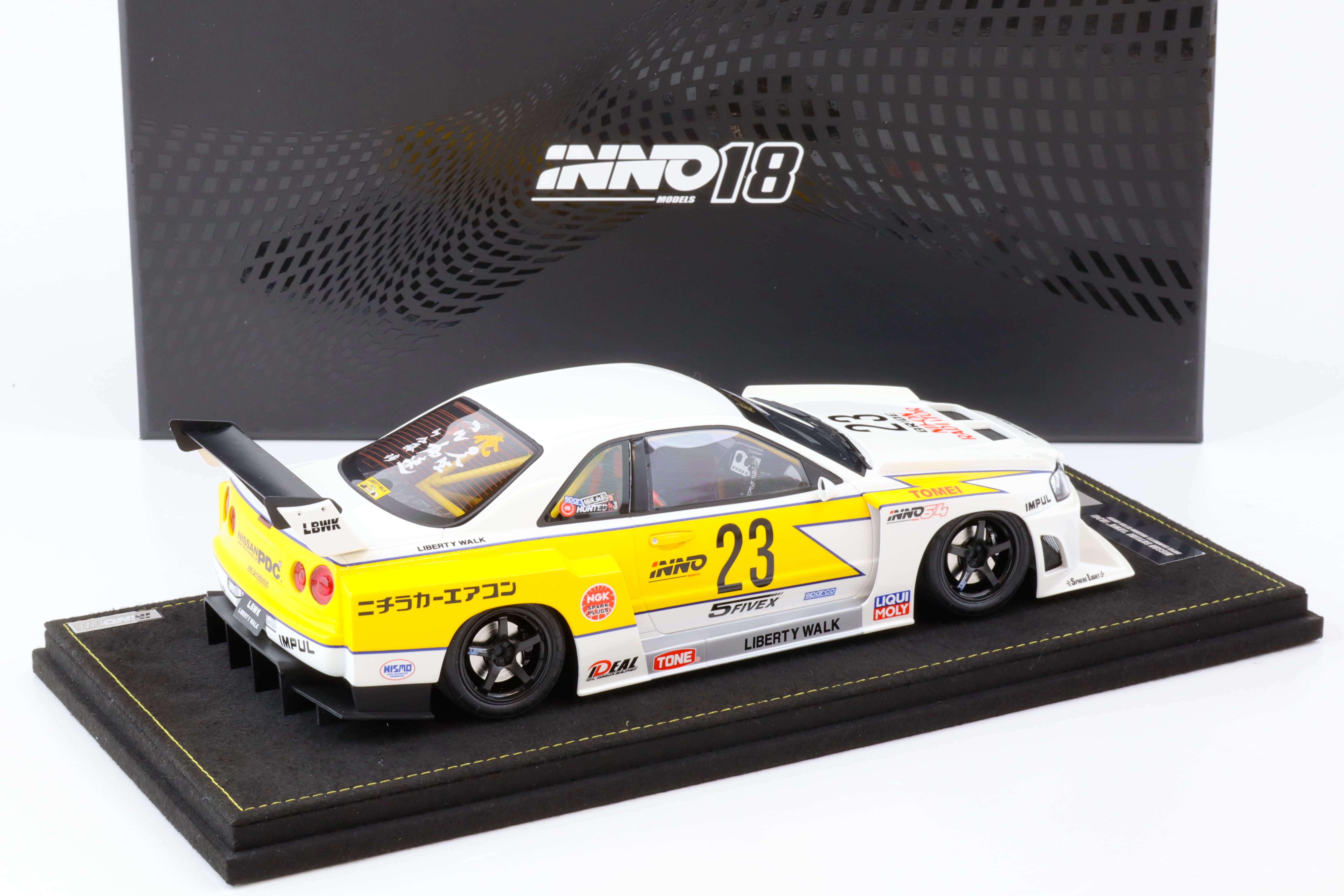 1:18 INNO Models Nissan Skyline GT-R (R34) LBWK Super Silhouette Hoshino #23 white/yellow