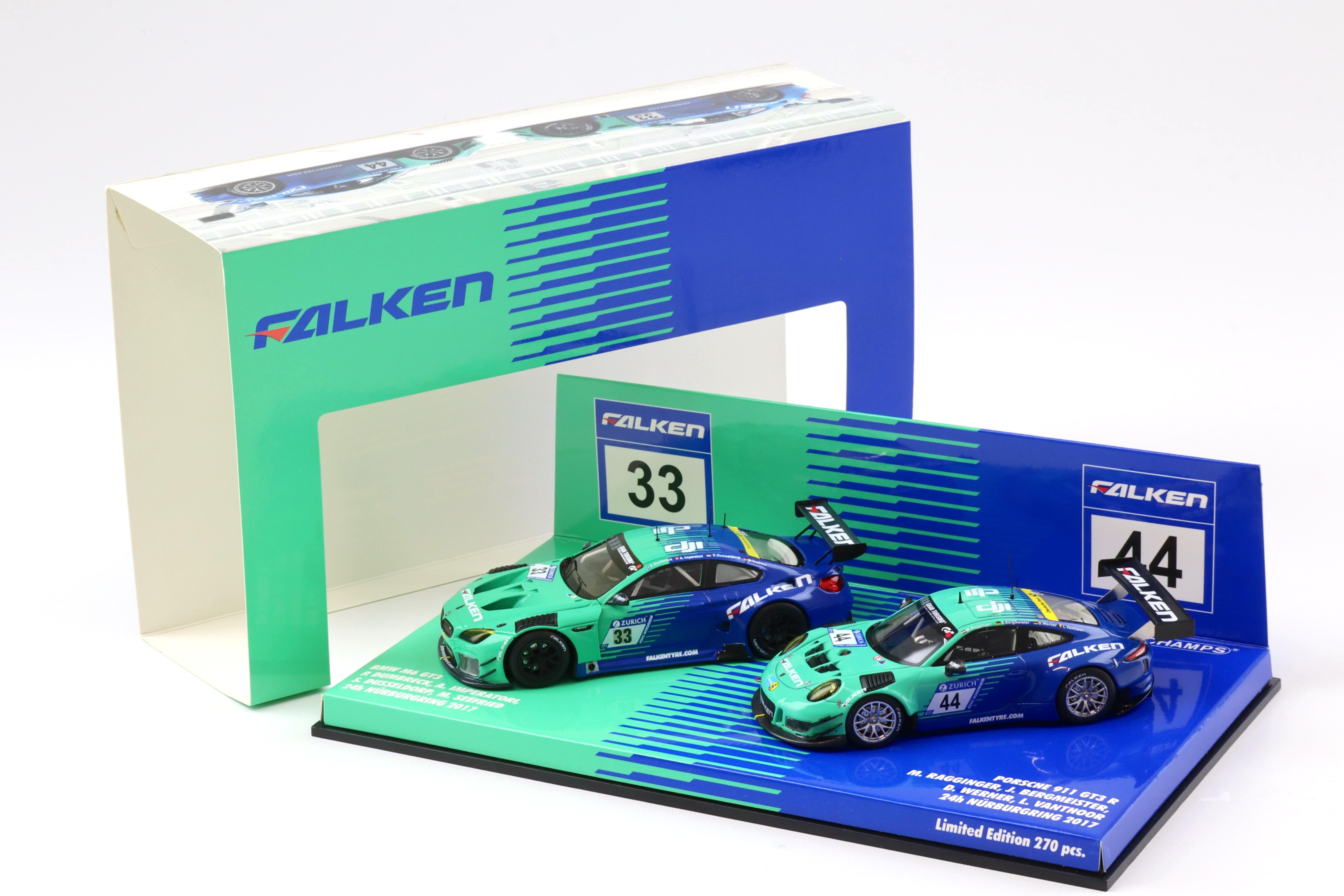 1:43 Minichamps 2-Car Set BMW M6 GT3 #33 & Porsche 911 GT3 R #44 Falken 2017 Nürburgring
