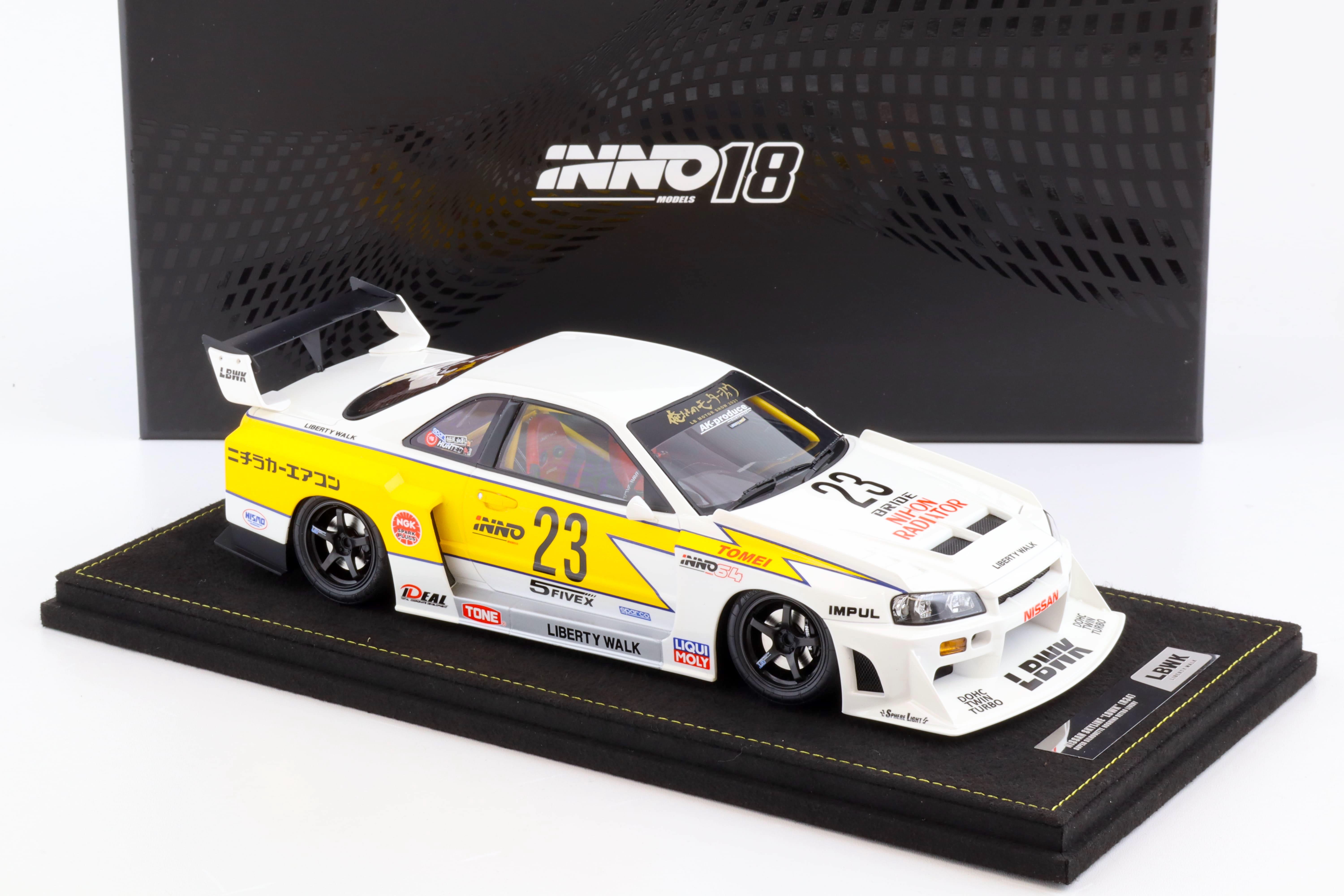 1:18 INNO Models Nissan Skyline GT-R (R34) LBWK Super Silhouette Hoshino #23 white/yellow