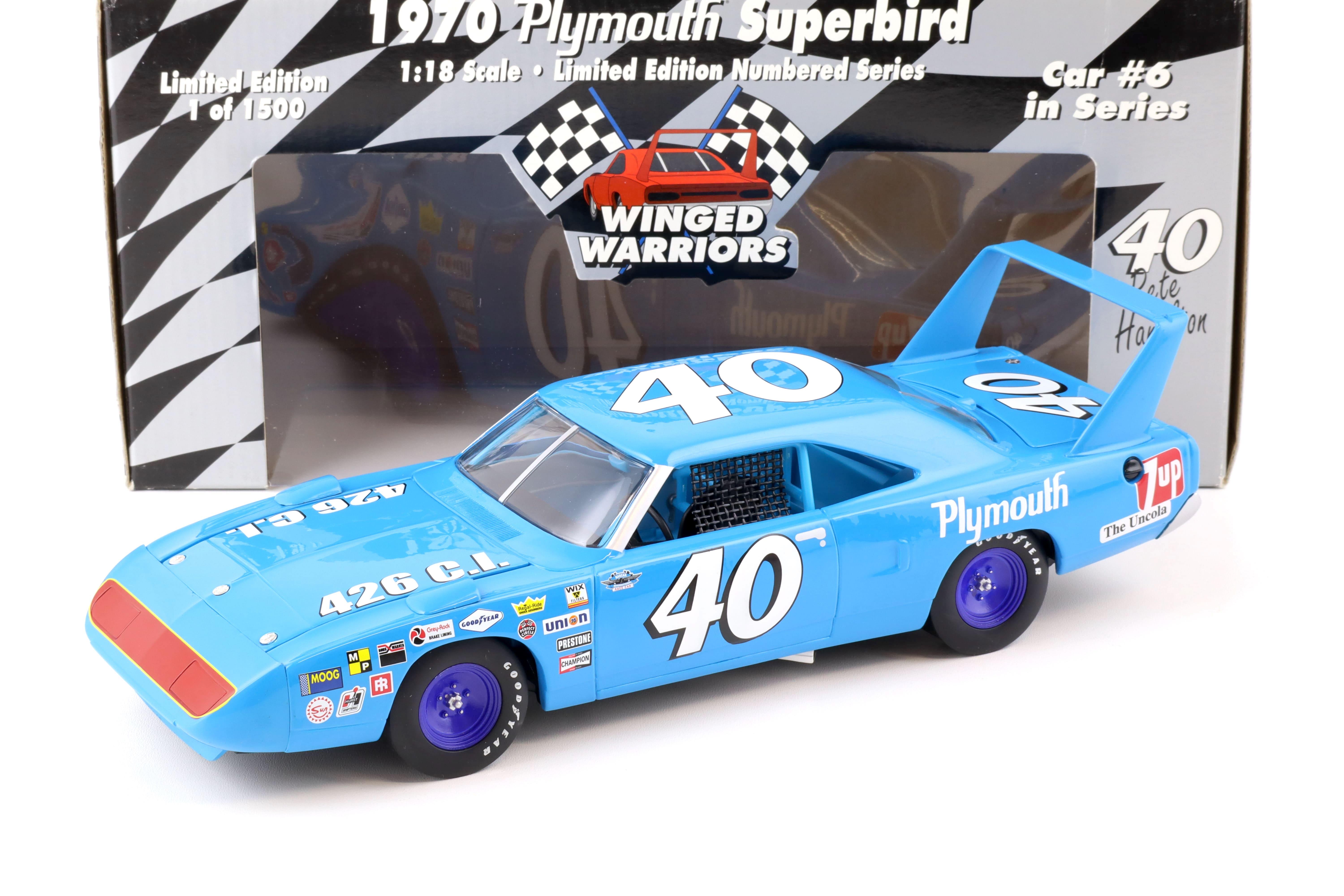 1:18 ERTL 1970 Plymouth Superbird #40 Winged Warriors Pete Hamilton blue