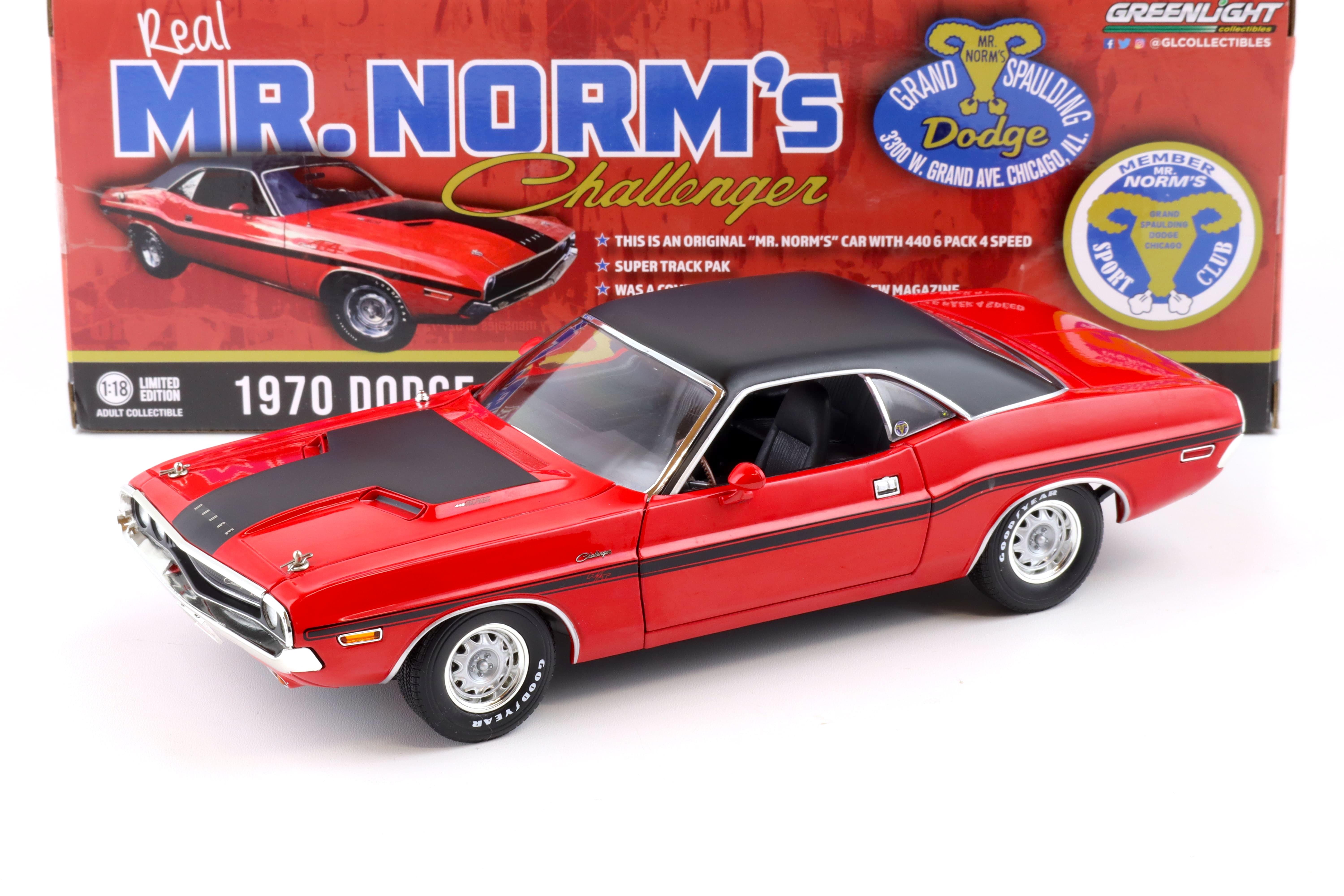 1 18 Greenlight 1970 Dodge Challenger R T 440 SIX Pack MR.Norm s red black