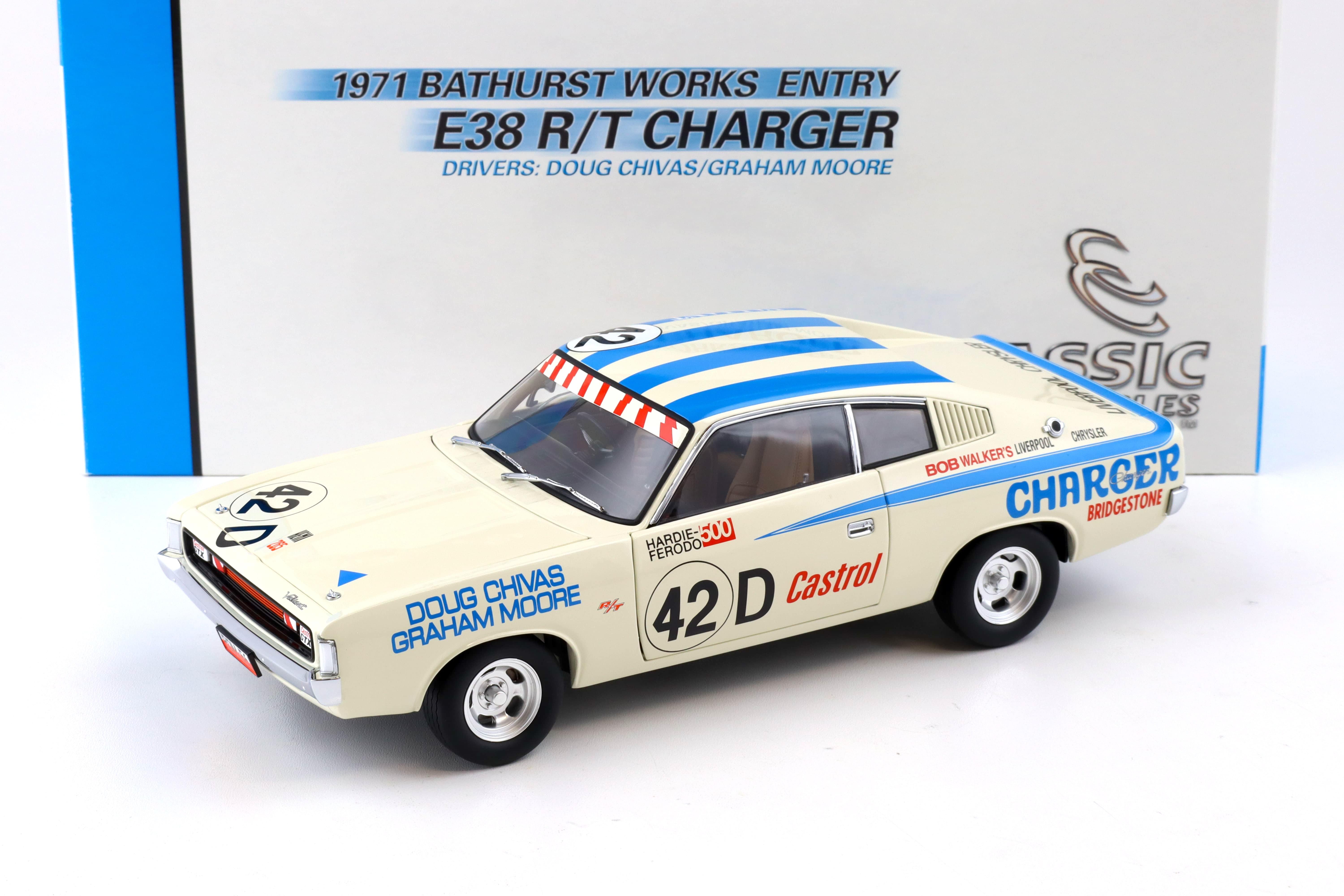 1:18 Classic Carlectables Chrysler E38 R/T Charger 1971 Bathurst Works Entry Chivas/ Moore #42