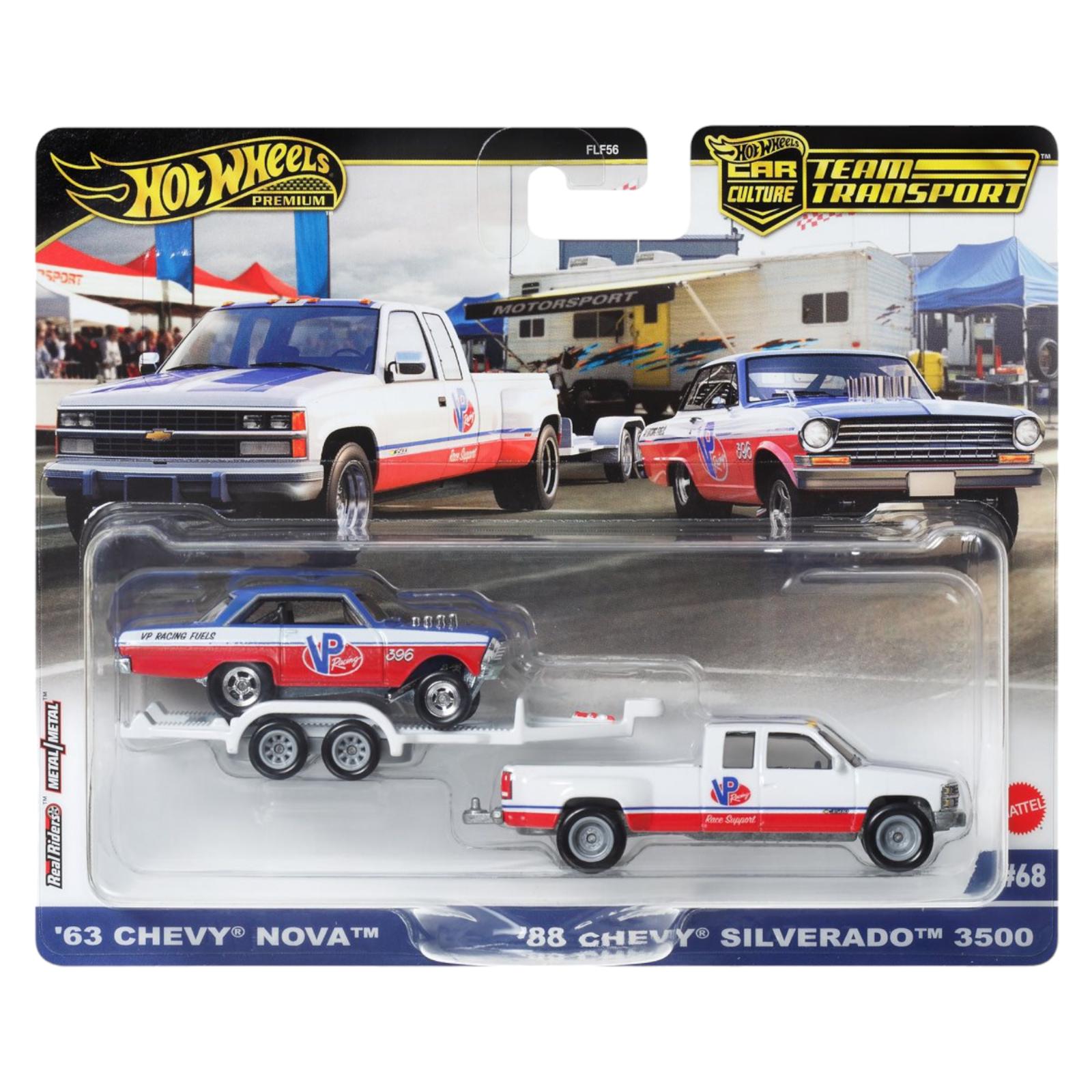 1:64 Hot Wheels Premium 2024 Team Transport 1963 Chevy Nova + 1988 Chevy Silverado 3500